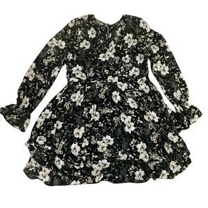 Cottagecore Floral Ruffle Mini Dress | Black, Ivory, Beige Green, Long Sleeve, M